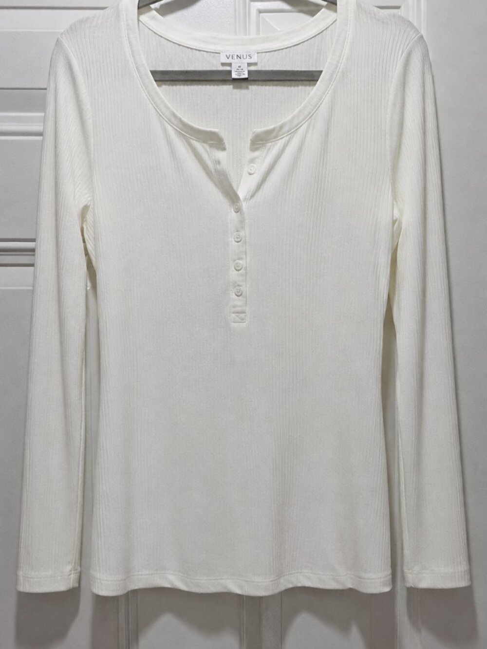 VENUS Women’s White Ribbed Henley Top Long Sleeve X LARGE Blouse
